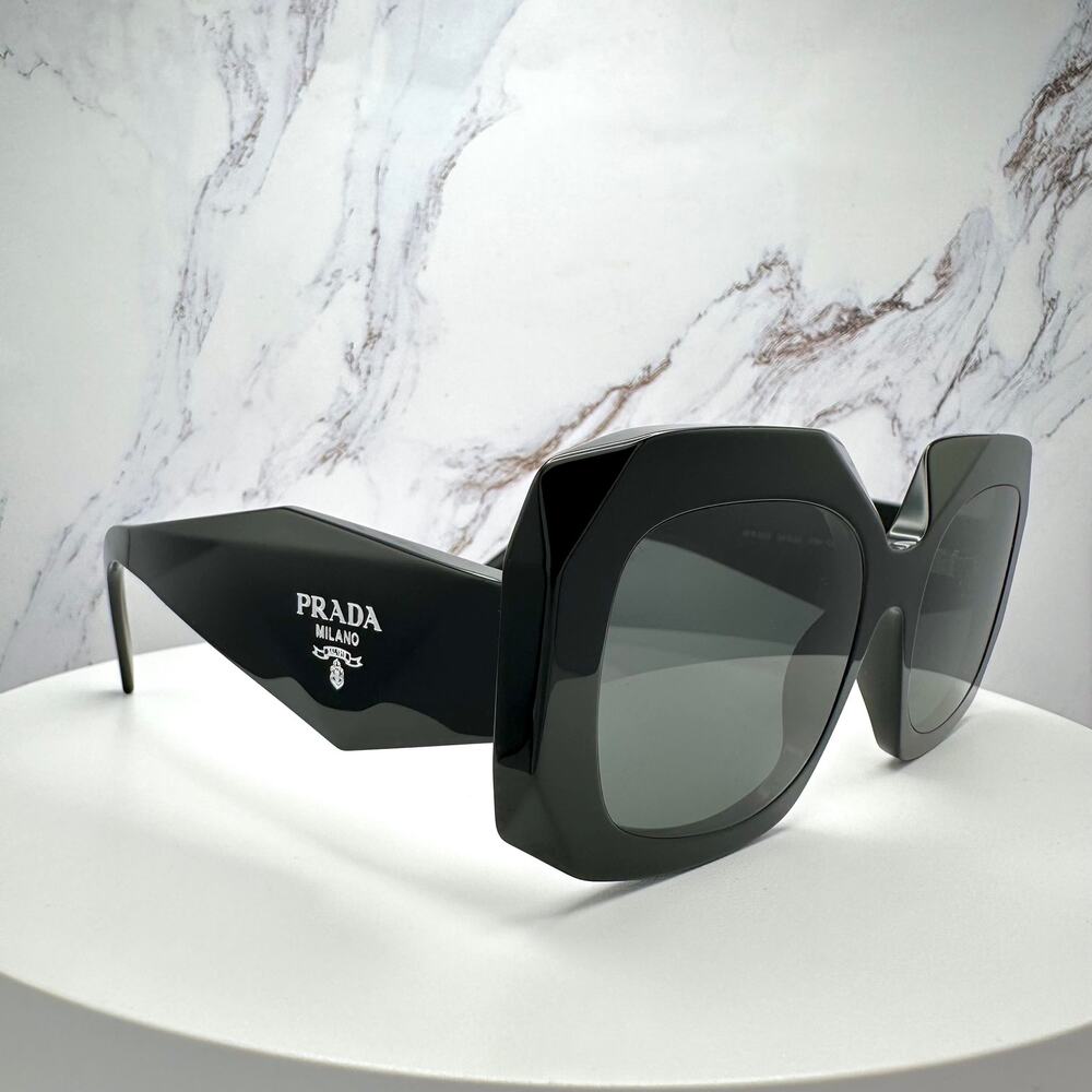 New PRADA Sunglasses Black Silver Symbole Logo Oversized Square Frame 54mm - Picture 10 of 16